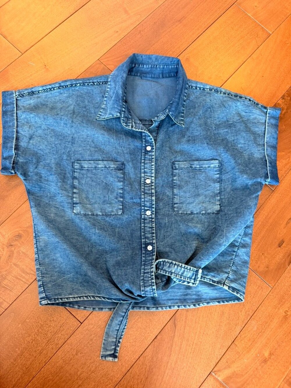 Acid Wash Denim Tie Front Shirt Boxy Button Down Top